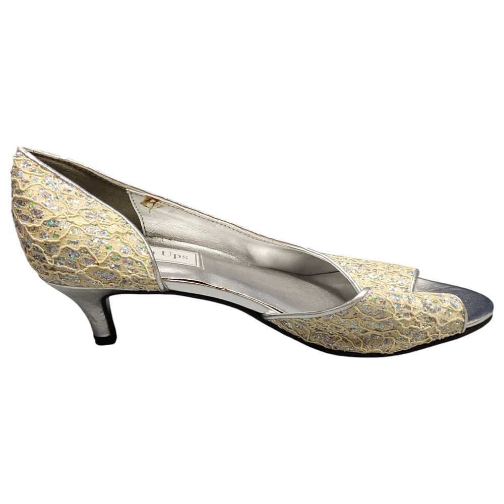 Touch Ups Irene Pumps Womens Size 8.5M Holographic Sequin Peep Toe Kitten Heel